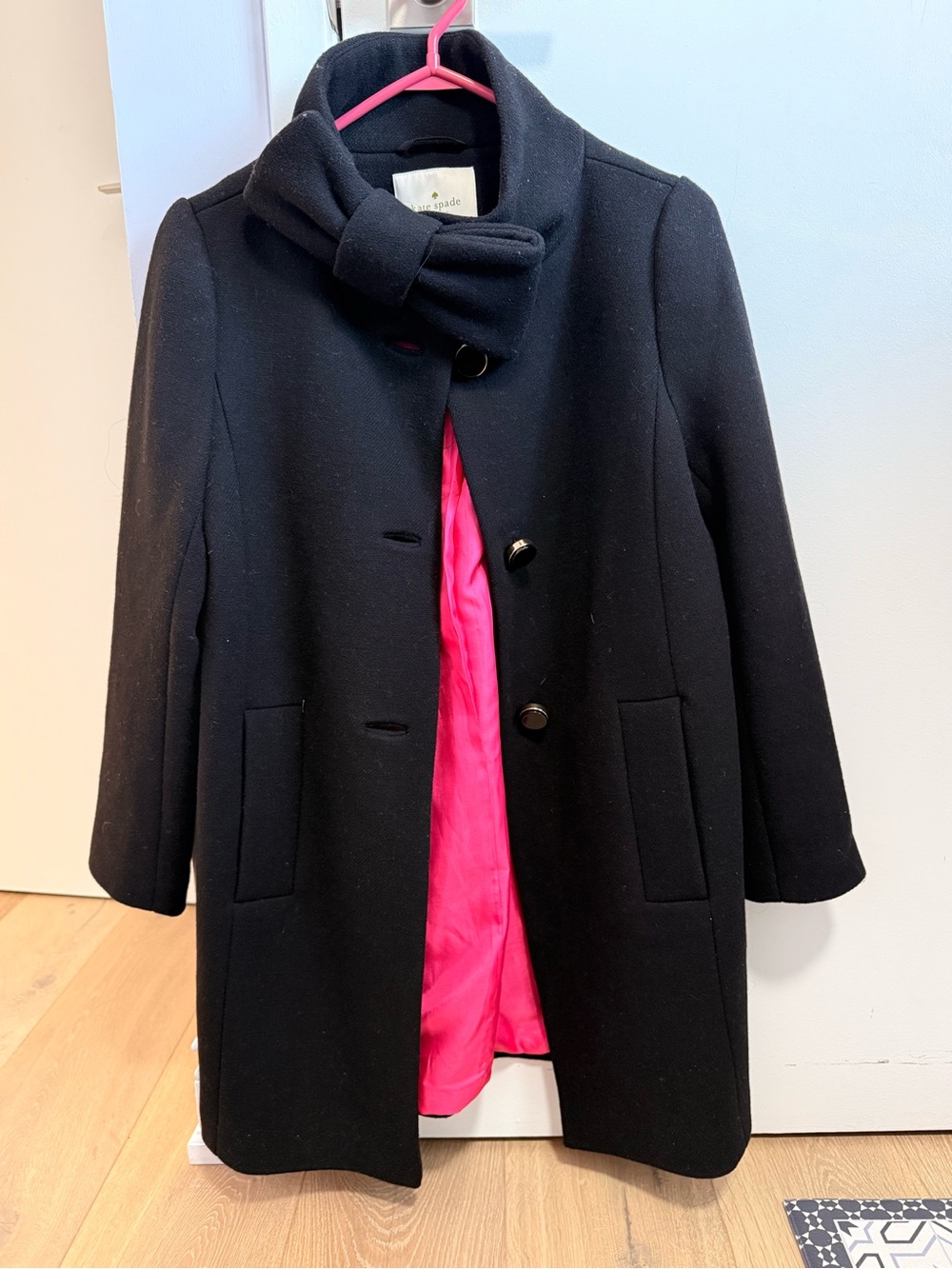 kate spade Black Wool Coat with Bow Collar and Pink Lining